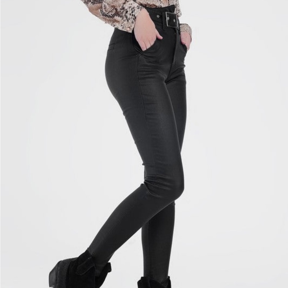 Black faux leather pants with belt